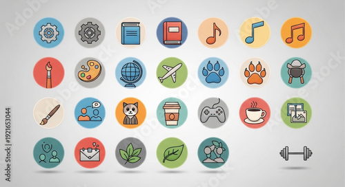 Collection of diverse circular icons representing various concepts and activities.