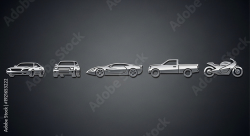 Collection of diverse vehicles including cars trucks and motorcycle.