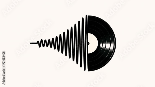 Seamless looped animation of half vinyl record spinning with black sound waves radiating outward on white background, representing music playback, audio visualization, retro analog sound technology