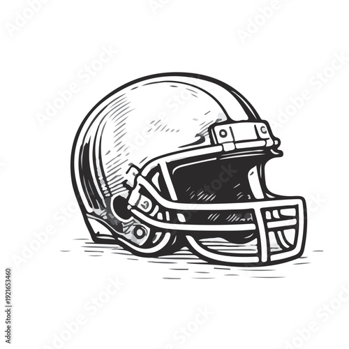 Hand-drawn American football helmet illustration in vintage engraving style with detailed line art and shading. Ideal for sports branding, posters, and athletic design.