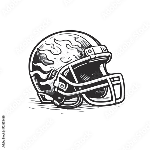 Hand-drawn American football helmet illustration in vintage engraving style with detailed line art and shading. Ideal for sports branding, posters, and athletic design.