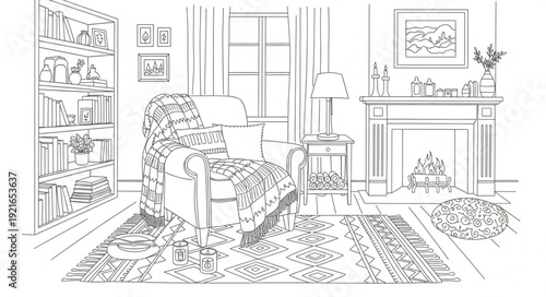 Cozy Living Room Sketch with Fireplace and Bookshelf.