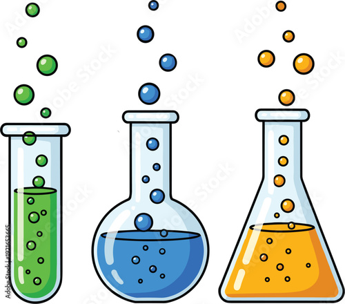 Set of colorful laboratory glass flasks with bubbling green blue and orange liquids for science education, chemical research, and medical experiment vector design.