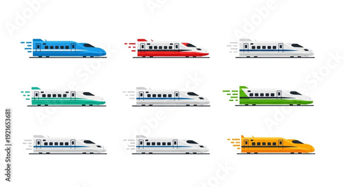 Collection of colorful high-speed trains in motion.