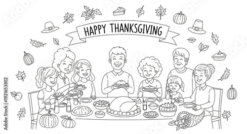 Family Thanksgiving Dinner Hand Drawn Illustration.