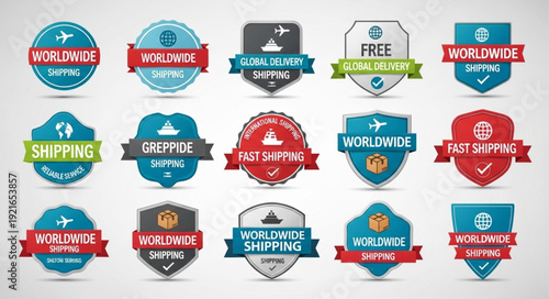 Collection of Shipping and Delivery Badges and Labels.