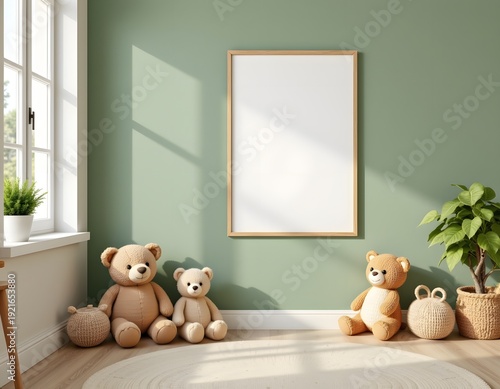 children's playroom poster mockup wall, muted greens and beige, stuffed animals, tidy minimal 3d space
