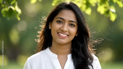 Young Woman Smiling Outdoors in Natural Sunlight.