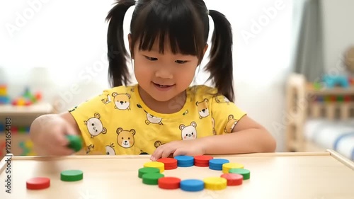 Young girl playing with colorful educational toys on a table.