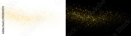 Golden glowing dust trail with sparkling particles and bokeh. Magical light wave illustration, luxury abstract stardust background element.