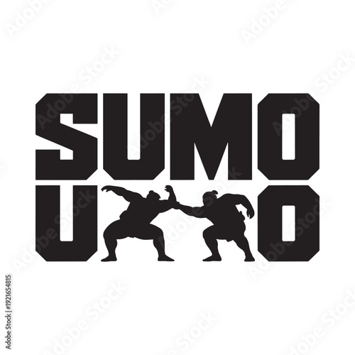 Sumo wrestlers in silhouette depicted within bold lettering design