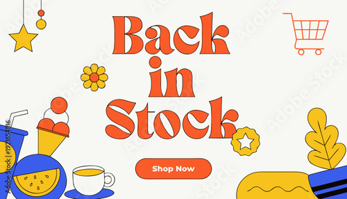 Back in stock announcement with shop now call to action .vector icon
