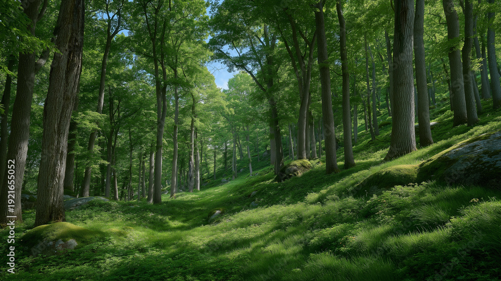 Obraz premium Lush green forest ecosystem thriving with vibrant wildlife, towering trees, and colorful flora. Sunlight streams through leaves, illuminating a diverse habitat bustling with birds and insects in a