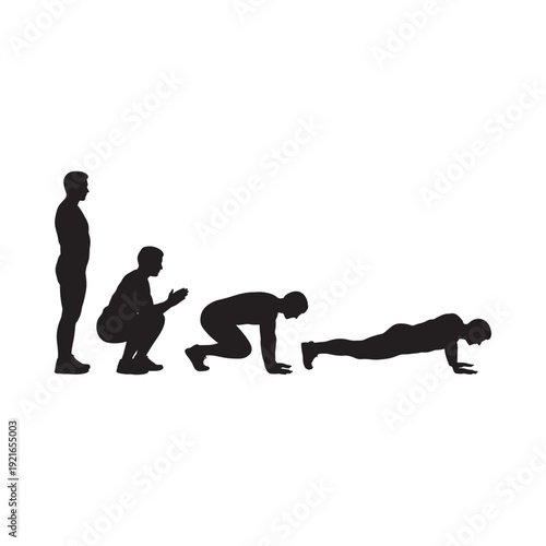 Silhouette series depicting a man transitioning through various exercise positions