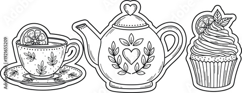 Hand drawn black and white line art vector stickers of teapot, teacup with lemon, and decorated cupcake for coloring or bakery cafe branding.