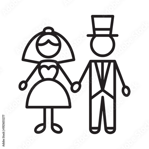 Simple black and white line drawing of a bride and groom holding hands