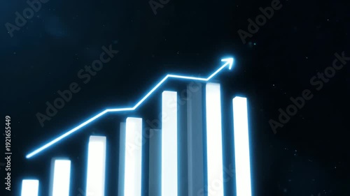 Abstract glowing bar chart rising with arrow on dark background