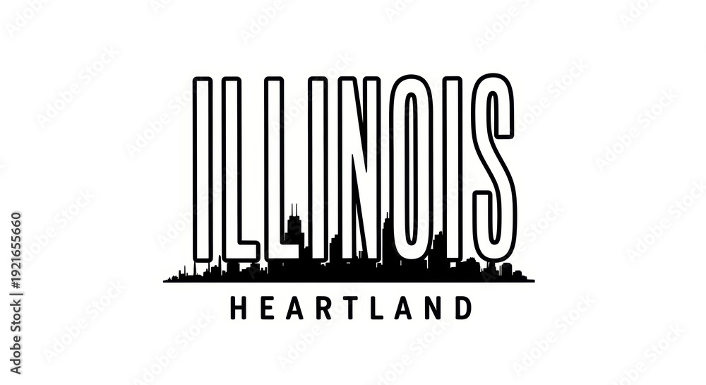 Obraz premium 1950s industrial poster, tall narrow lettering “ILLINOIS”, bold uniform strokes, secondary word “HEARTLAND”, subtle skyline silhouette, monochrome ink, no people