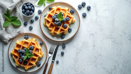 Wallpaper Mural Two plates with golden waffles topped with fresh blueberries, mint leaves. Bowl of blueberries, mint sprigs nearby. Served on marble table with linen napkin, silverware. Perfect breakfast brunch Torontodigital.ca