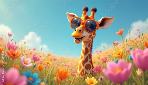 Cute cartoon giraffe wears sunglasses, smiling joyfully in vibrant flower meadow under clear blue sky. Playful animal enjoys beautiful sunny day, surrounded by colorful spring blossoms. Fun summer