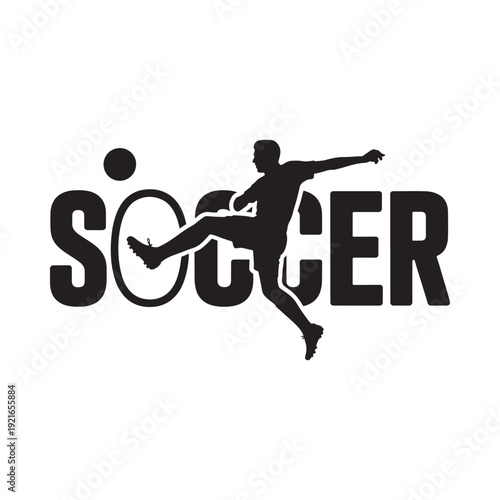 Silhouette of a soccer player kicking a ball with text design