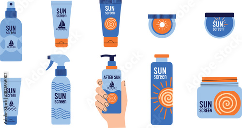Sunscreen Bottle and Spray Icon Set Showing Sun Protection Cosmetics for Summer Skincare, Beach Safety, Travel Essentials, and UV Care Vector Design