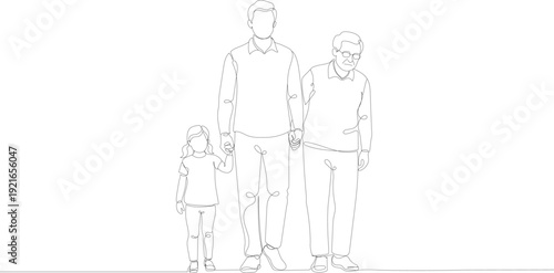Continuous Line Drawing of Three Generations Walking Together, Concept of Family Legacy and Aging