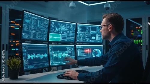 Cybersecurity expert analyzing critical data in dark server room