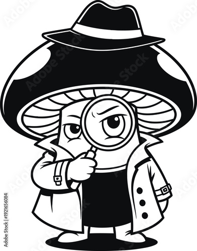 Cartoon detective mushroom investigating with magnifying glass