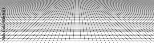 Abstract wireframe flat landscape with glowing grid lines forming a futuristic digital terrain. Technology background concept of cyberspace, virtual reality, metaverse, and data visualization.