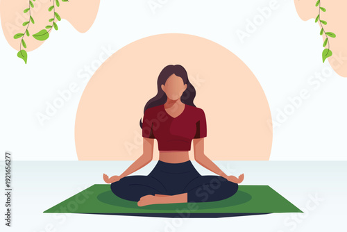 Woman in lotus pose. Pilates, yoga and meditation. Nature and fresh air. Relaxation and relaxation, inner peace and balance, young girl takes care of her health. Cartoon flat vector illustration
