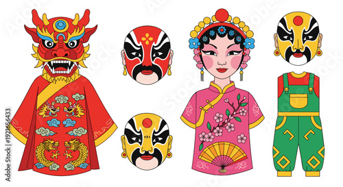Traditional Chinese opera characters, masks, and dragon costume illustration