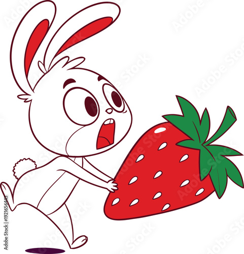 Cute cartoon bunny excitedly holding large ripe strawberry