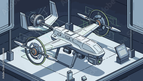 Isometric illustration of a futuristic white drone with multiple propellers on display in a modern exhibition space.
