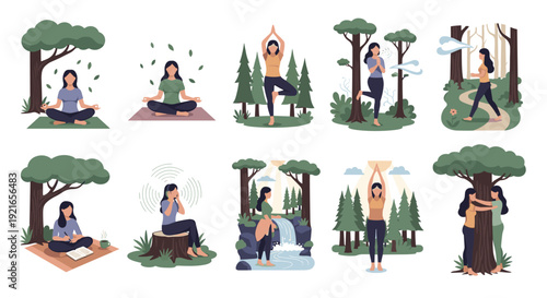 Women meditating and enjoying nature in various outdoor scenes
