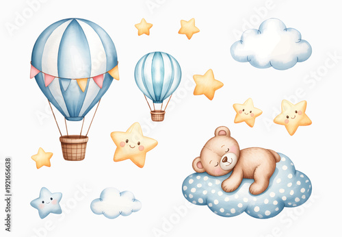 Sleeping teddy and hot air balloons birthday party decor set. Nursery sky adventure elements in hand-painted watercolor.