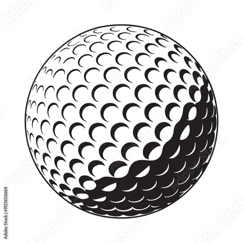 A black and white illustration of a golf ball with dimples