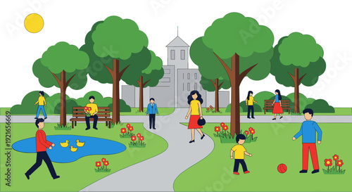 Diverse people enjoying activities in sunny city park illustration