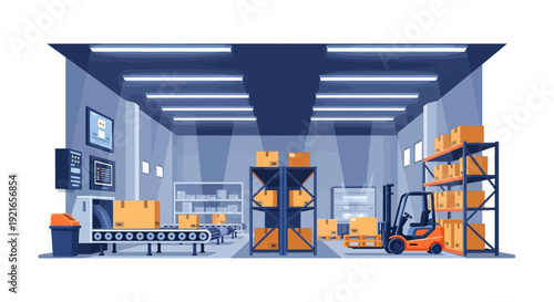 Automated Warehouse Operations: Modern Logistics Center with Conveyor Belt, Forklift, and Packed Boxes for Efficient Supply Chain