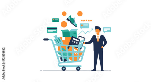 E-commerce & Online Shopping Concept with Businessman, Cart, and Digital Sales Growth