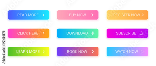Сolorful gradient action buttons with labels and icons for web and mobile UI design. Click here, subscribe, download, buy and register actions
