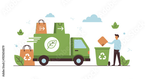 Sustainable Eco-Friendly Delivery & Recycling Logistics. Green Transport for Environmental Responsibility and Circular Economy. Flat Design Concept.