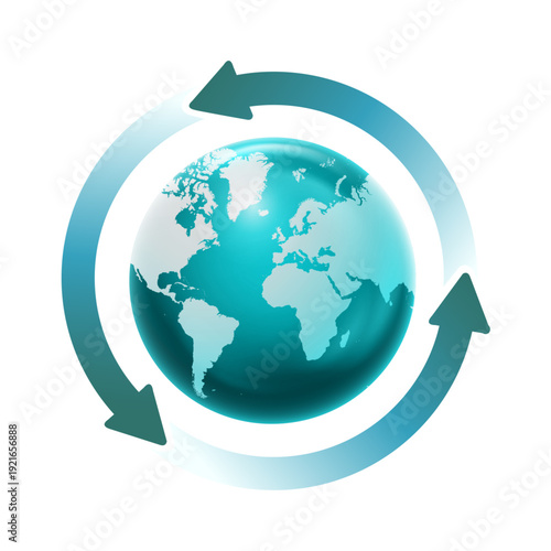 3D Blue globe surrounded by circular arrows.  Symbol of recycling and global environmental protection