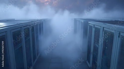 Rows of server racks are obscured by thick fog in a dimly lit data center