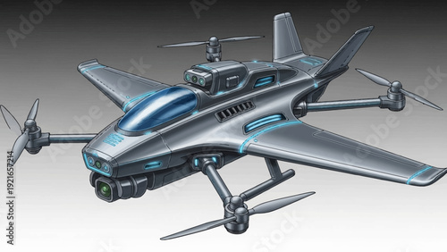 A futuristic silver and blue drone with multiple propellers and a sleek design, resembling a hybrid aircraft.