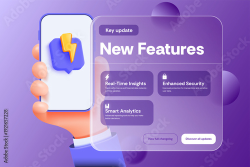 Modern 3D SaaS update banner showcasing new features announcement and software improvements. Ideal for fintech platforms, startup dashboards, product releases, UI notifications. Vector 