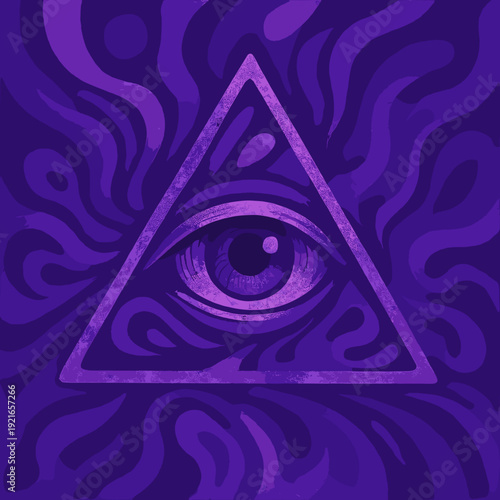 Mysterious eye symbolizing awareness in purple abstract background