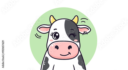 Cute cartoon cow winking and smiling on green background
