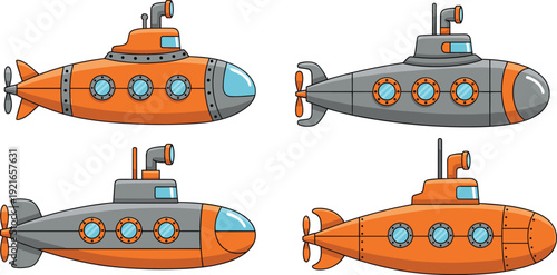 Cartoon Submarine Icon Set Showing Underwater Vehicles for Ocean Exploration, Marine Research, Education, Games, Infographics, and Transportation Vector Design