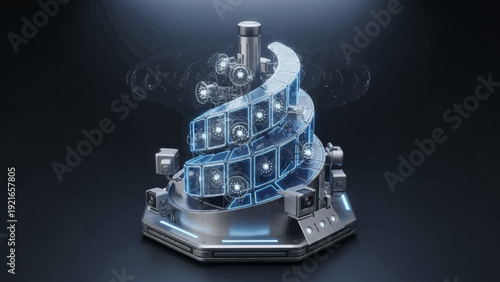 Futuristic spiral data processing unit with glowing blue panels and advanced technology on a dark background.